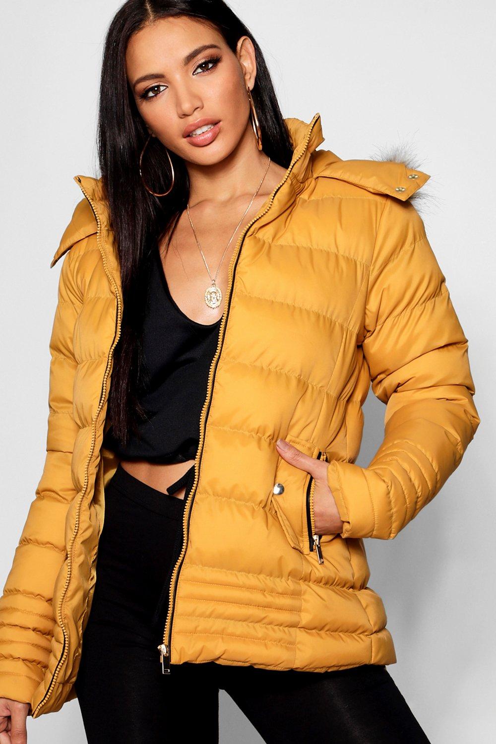 mustard padded coat with fur hood