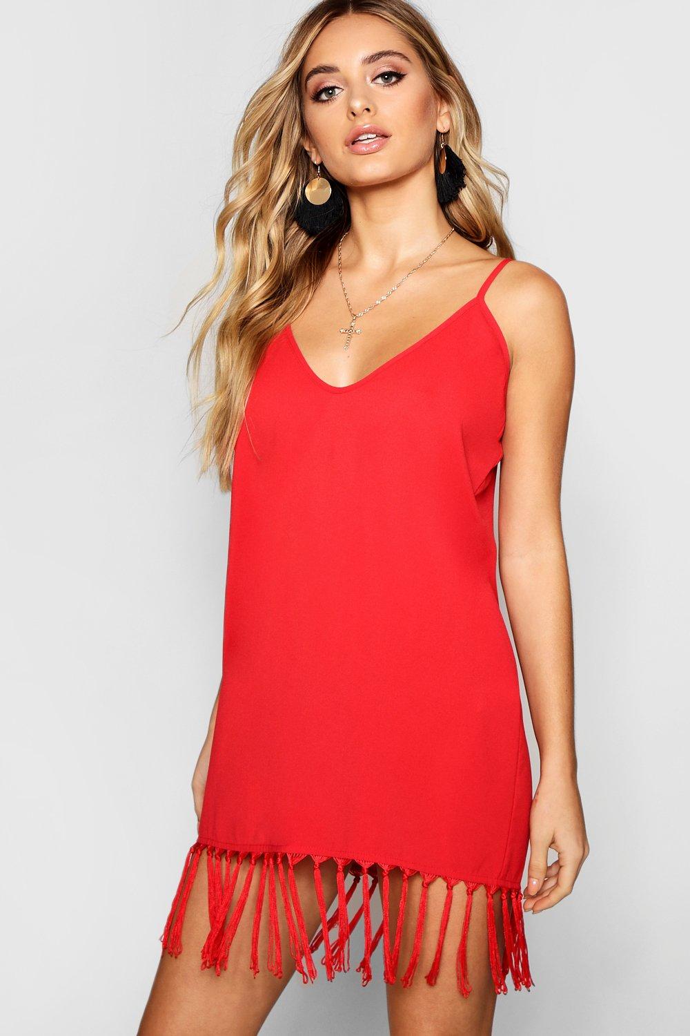 red cami slip dress