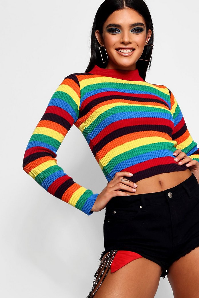 Ladies Cap Sleeve Rainbow Stripe Rib Knitted Sweater Women Roll Neck Jumper Top