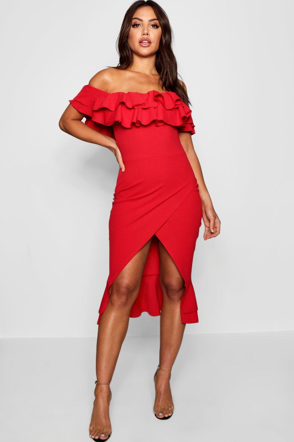 red ruffle dress off shoulder