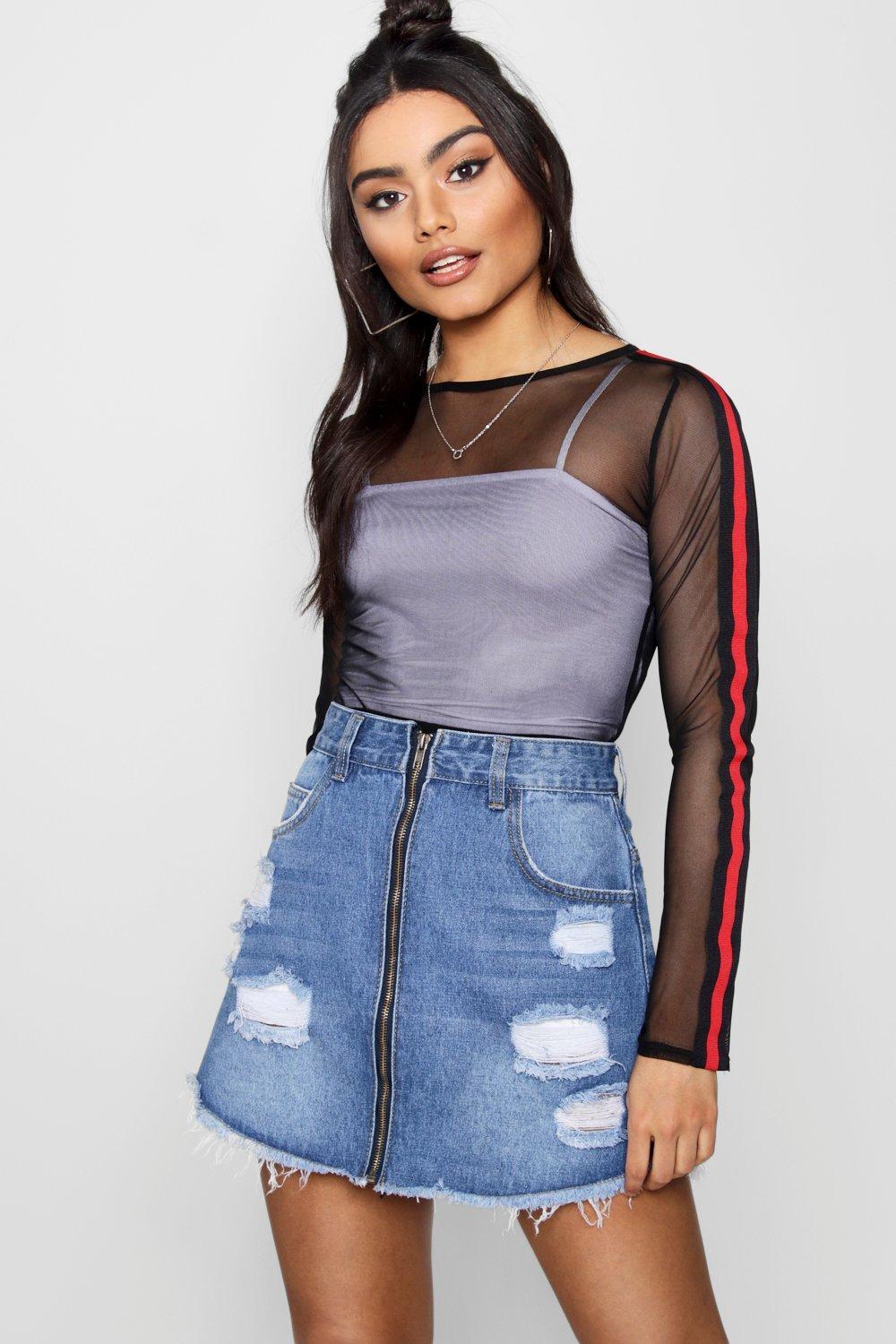 zip front denim mini skirt