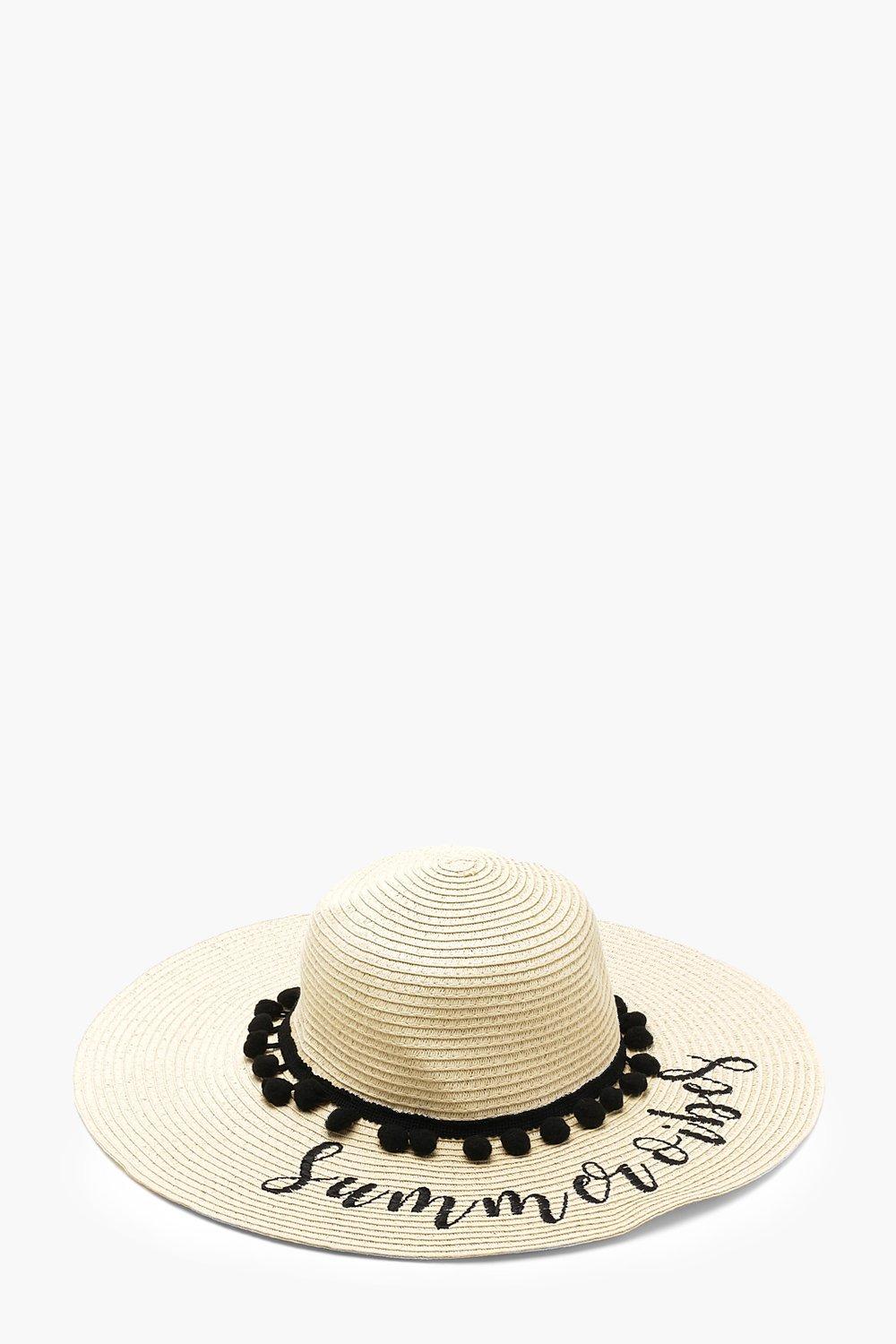 

Slogan And Pom Pom Floppy Straw Hat, Телесный