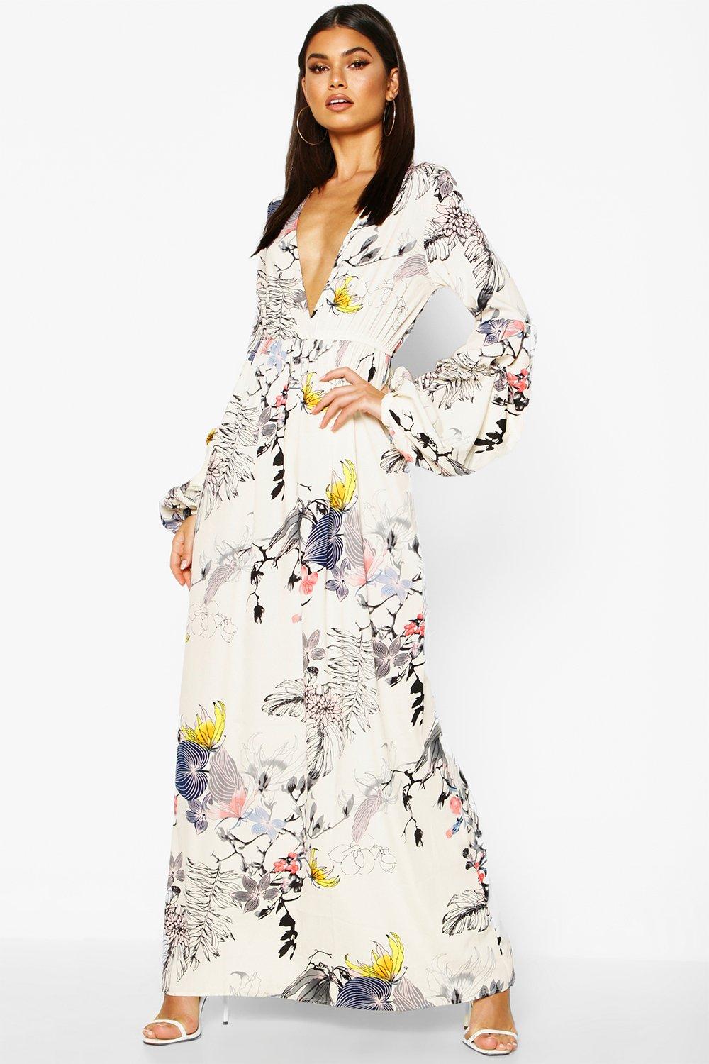 

Mimi V Neck Rouched Sleeve Floral Maxi Dress, Белый