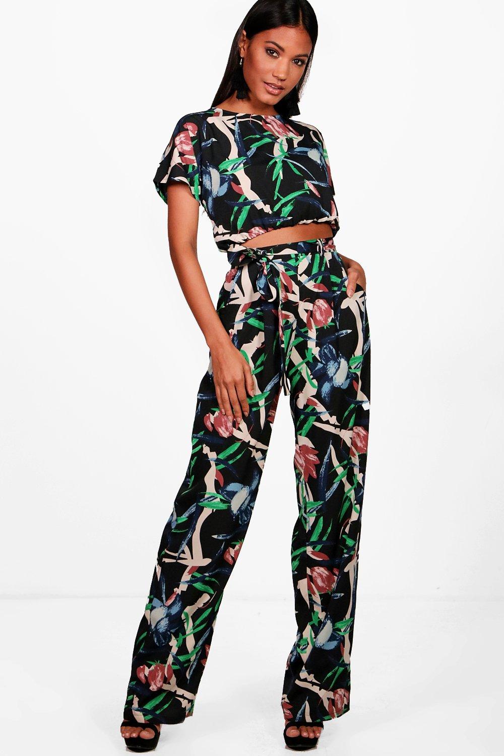 

Mixed Print Crop & Trouser Co-ord, Черный