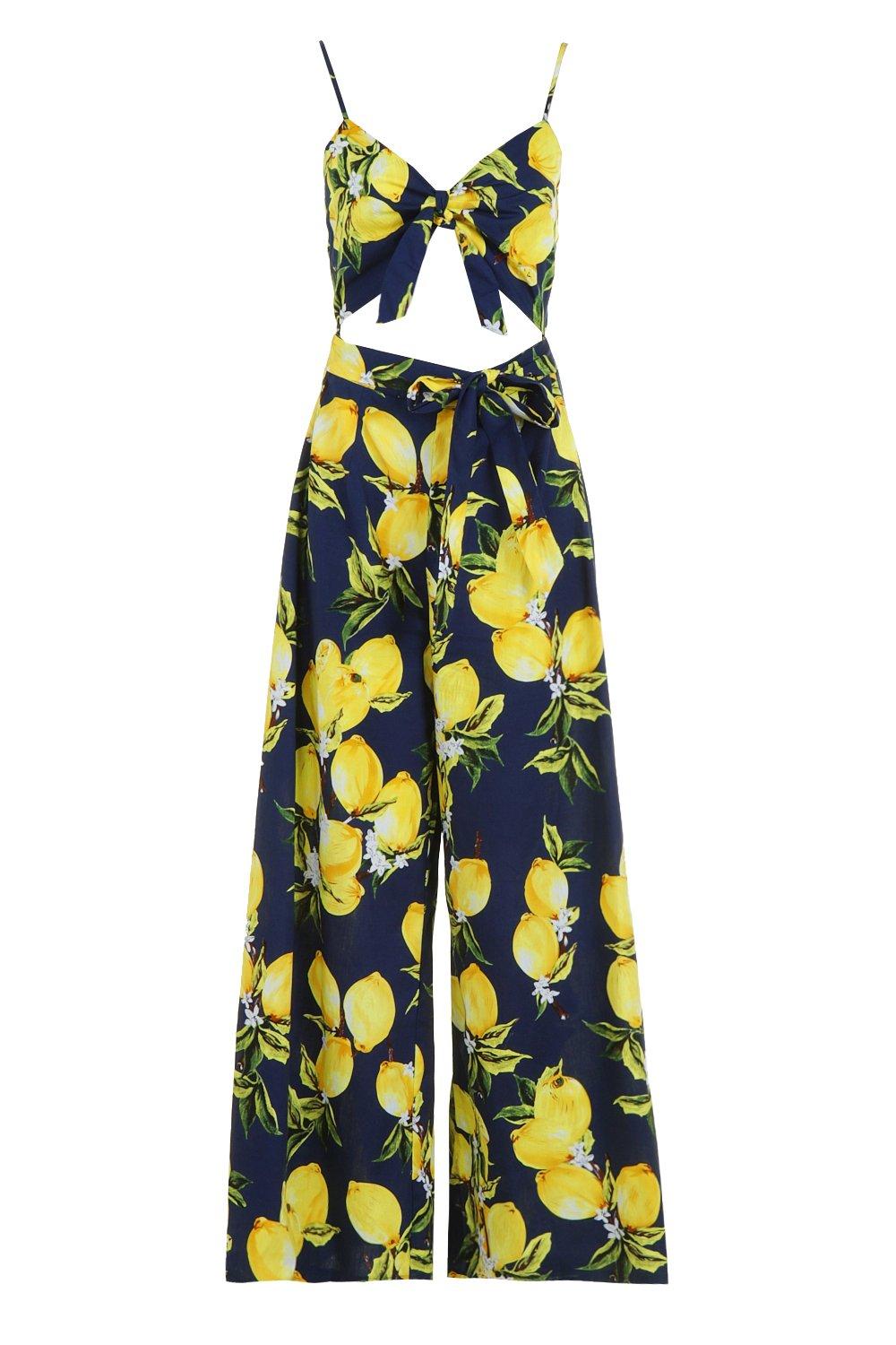 

Lemon Print Tie Front Jumpsuit, Navy
