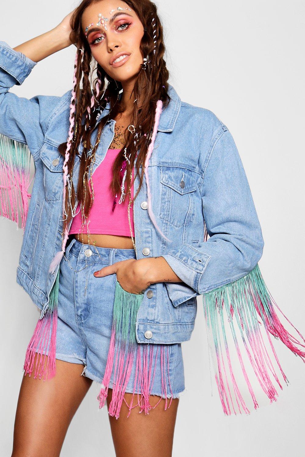 Oversized Fringe Detail Denim Jacket Boohoo Uk