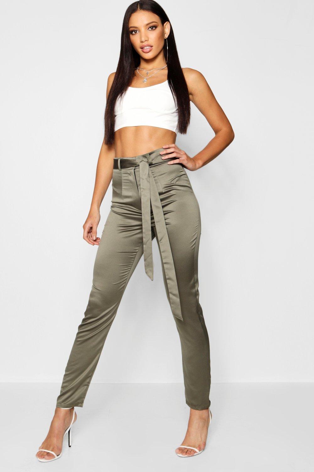 

Longer Length Атласные брюки с завязкой на талии, Khaki