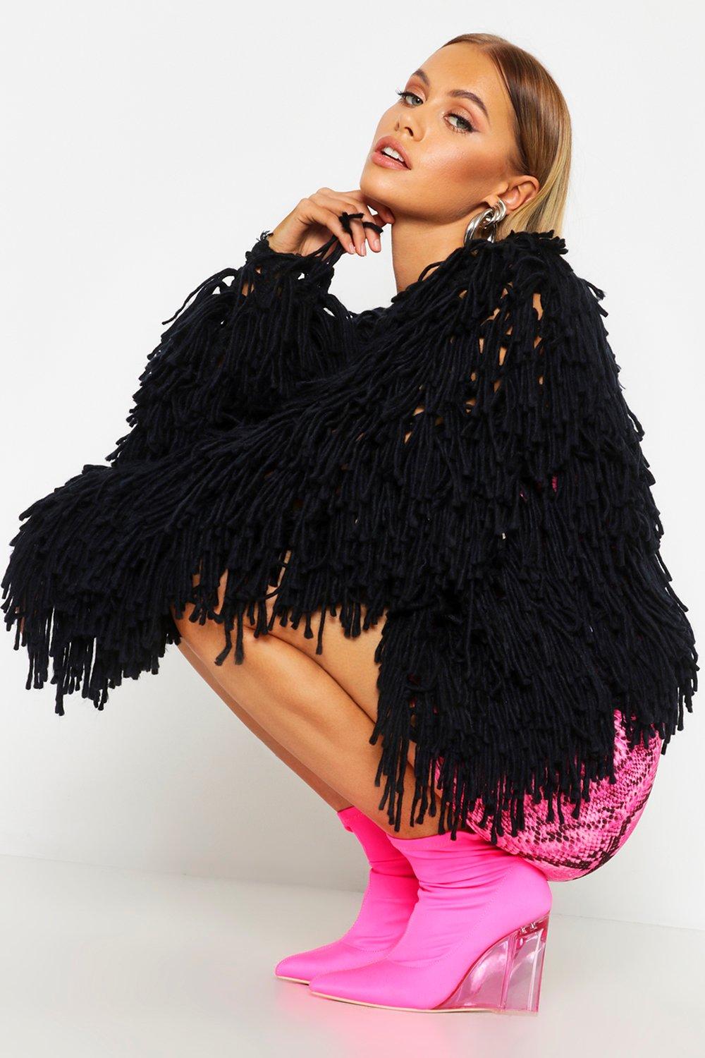black shaggy knit cropped cardigan