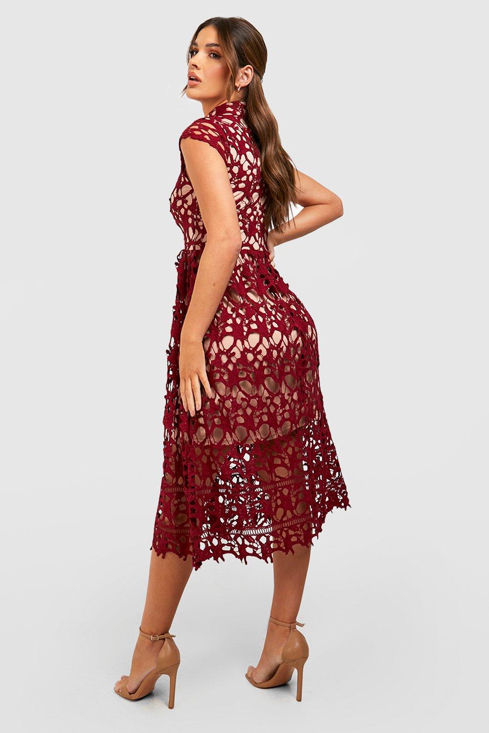 boohoo burgundy lace dress