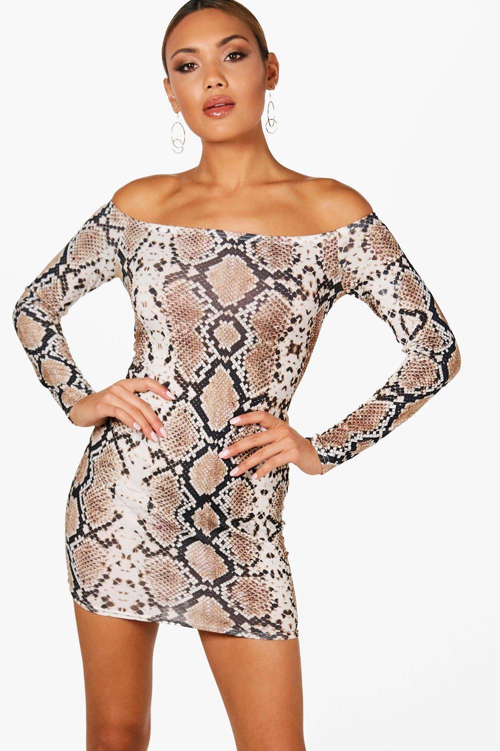 Plus brown snake print bardot bodycon dress
