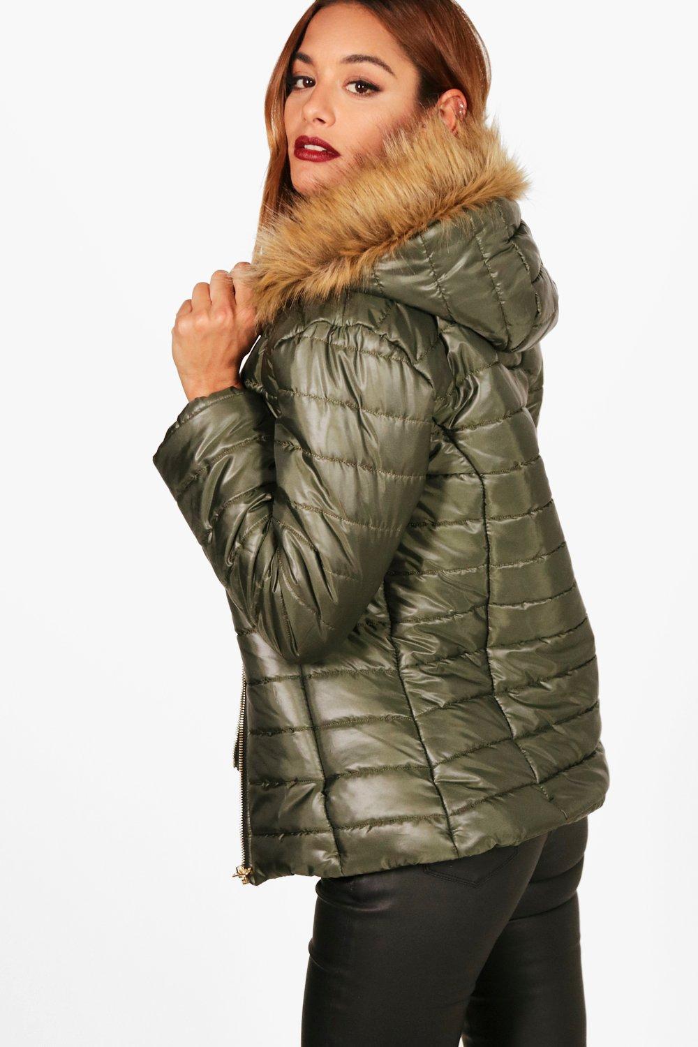 boohoo padded coat with faux fur hood