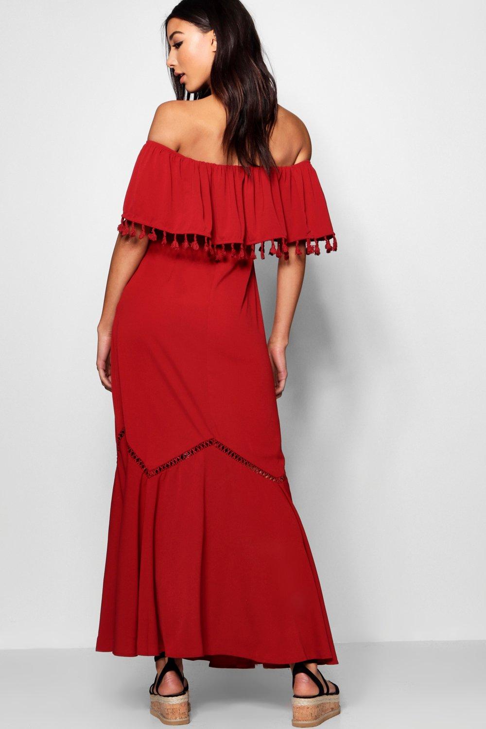 

Off The Shoulder Tassel Trim Maxi Dress, Black
