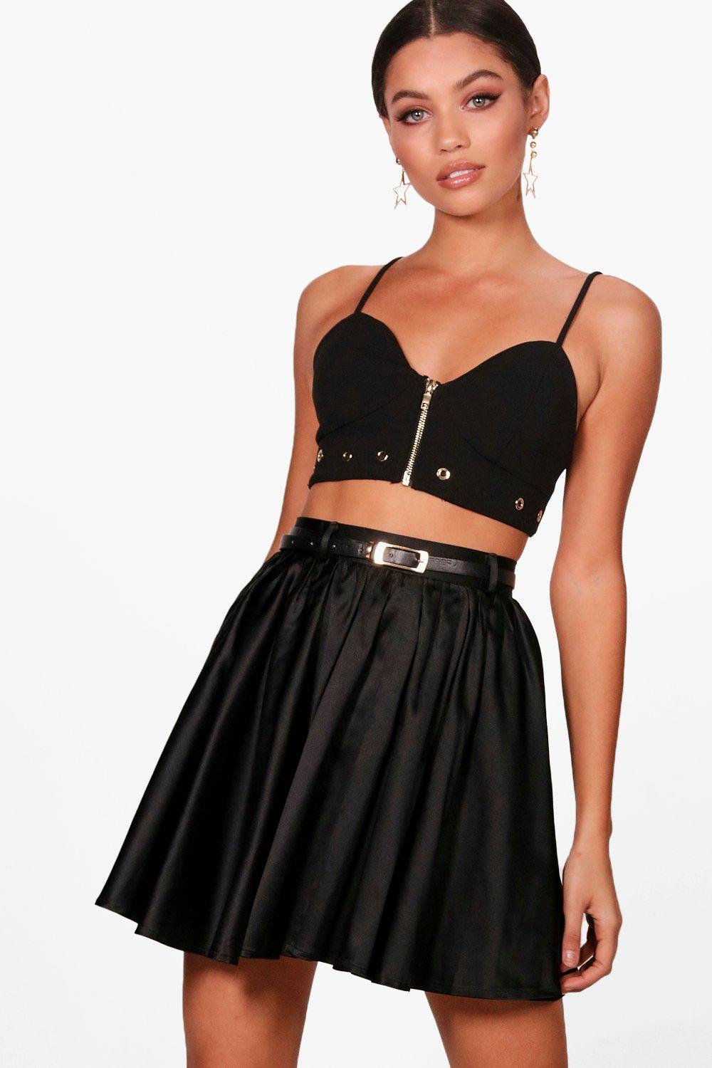 Belted Satin Skater Mini Skirt | Boohoo