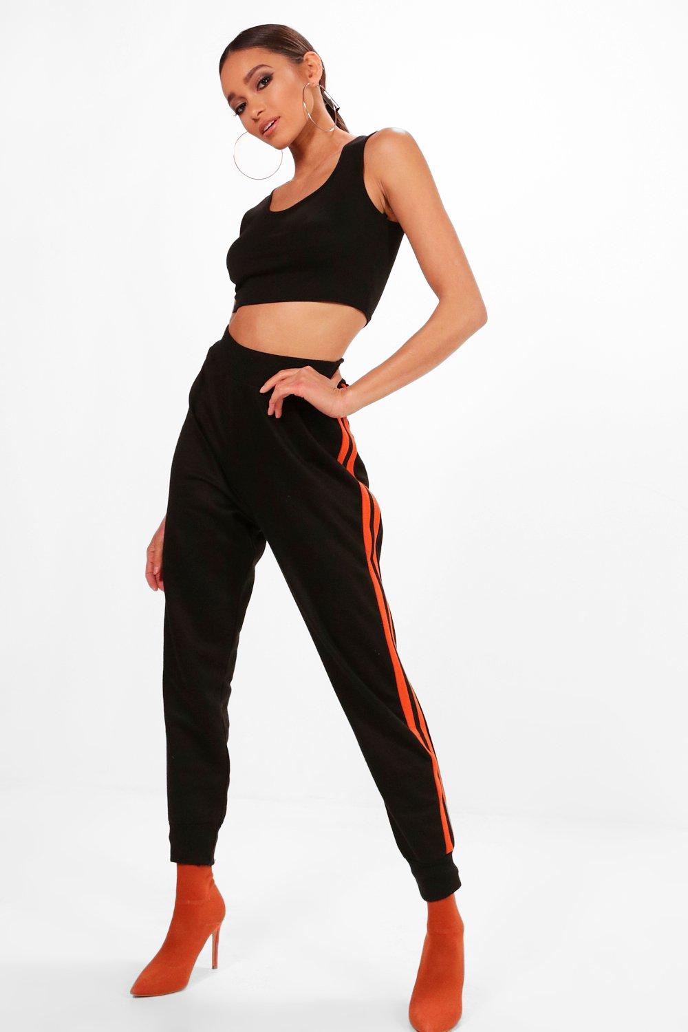 black joggers with red stripe womens