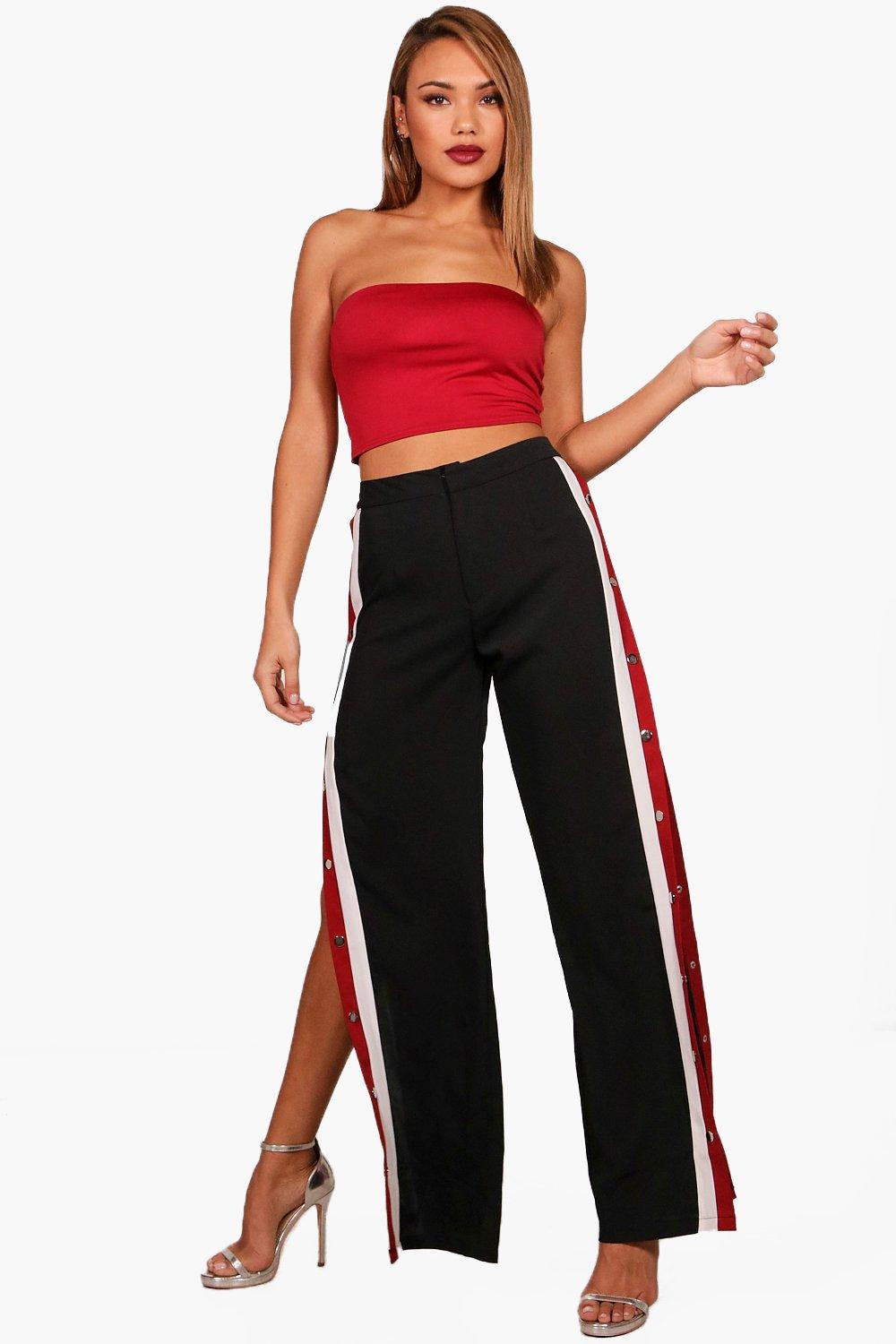 black wide leg trousers with side stripe