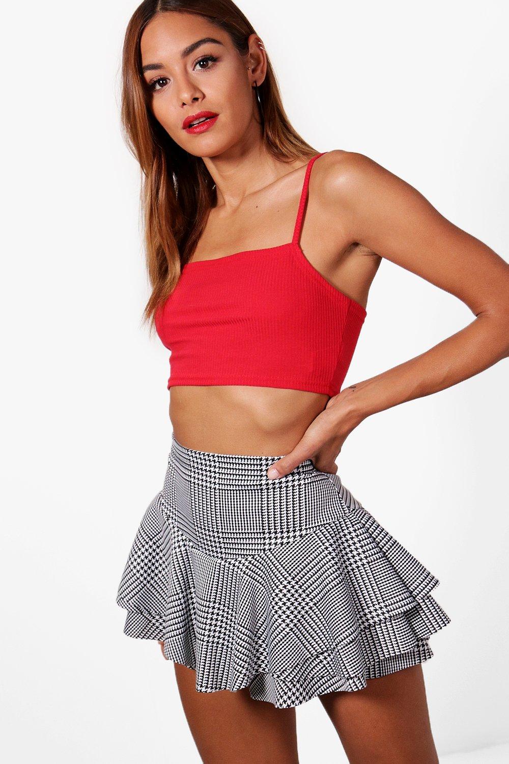 

Woven Dogtooth Check Mini Ruffle Skort, Черный