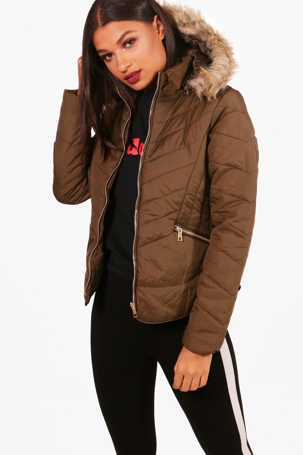 brown padded coat with fur hood