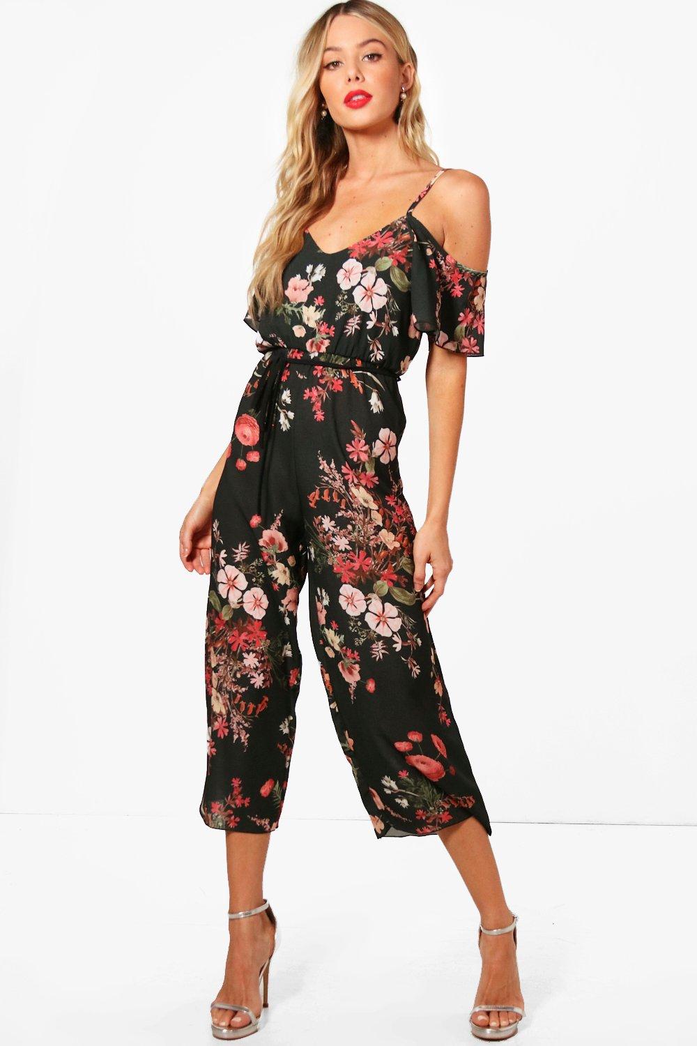 Cold Shoulder Dark Floral Jumpsuit | Boohoo