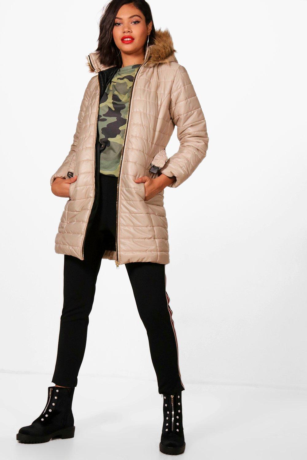 longline padded coat with fur hood