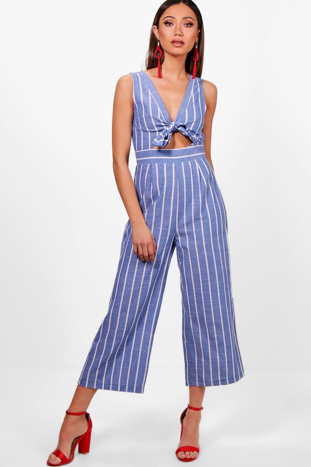 striped tie front jumpsuit