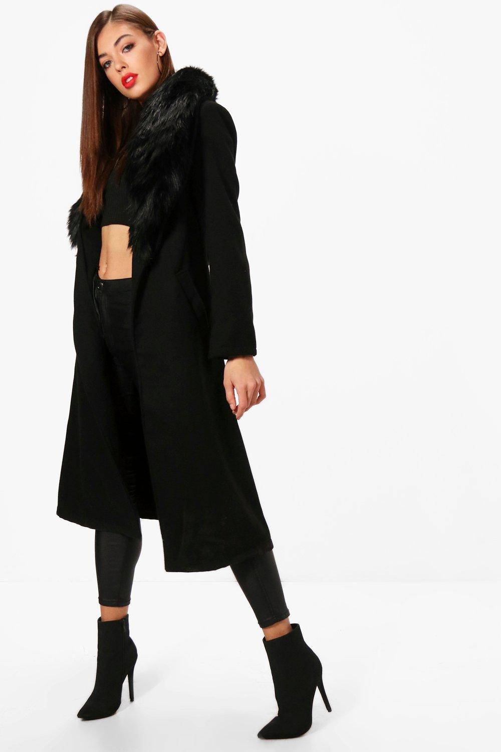 black detachable faux fur trim coat