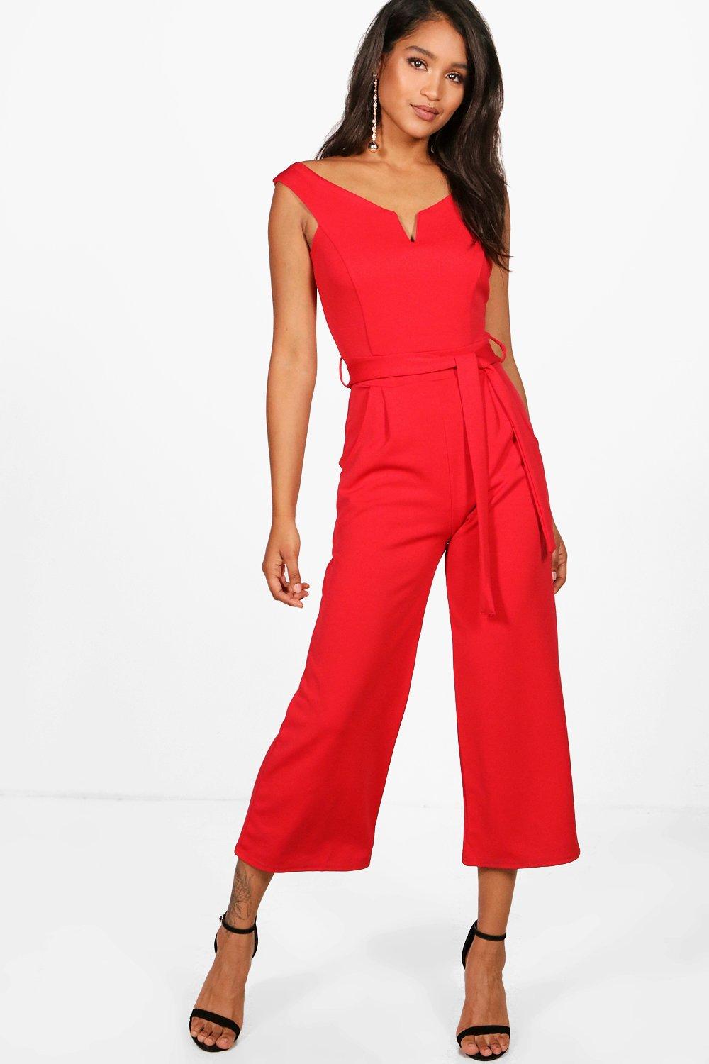 red belted jumpsuit