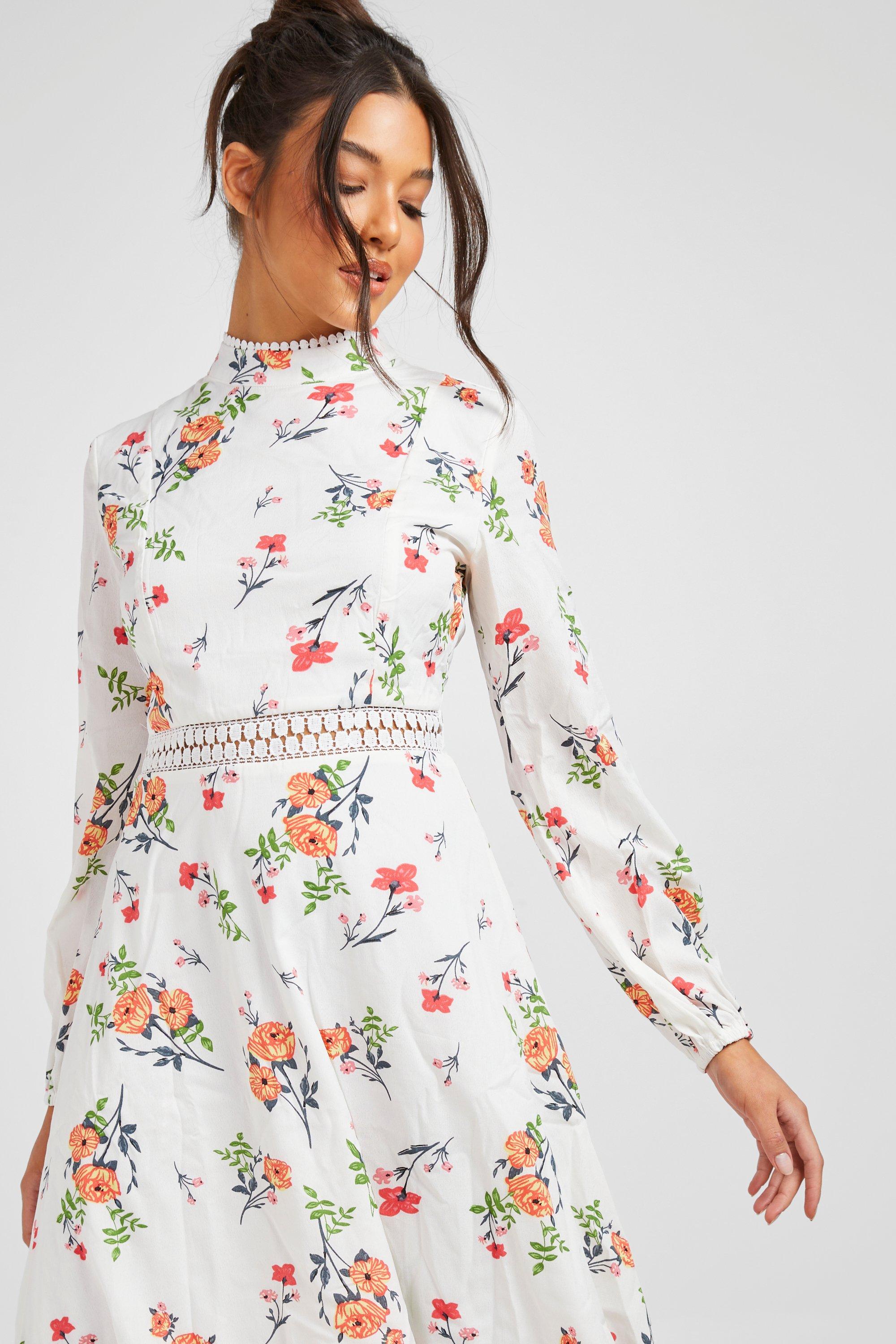

Платье-скейтер Boutique с длинными рукавами и цветочным узором, Ivory
