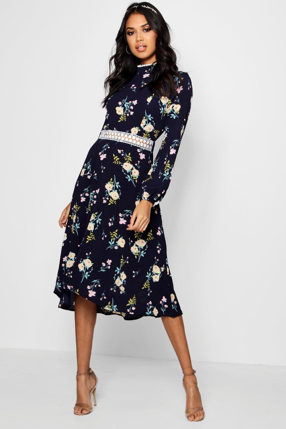 

Платье-скейтер Boutique с длинными рукавами и цветочным узором, Navy