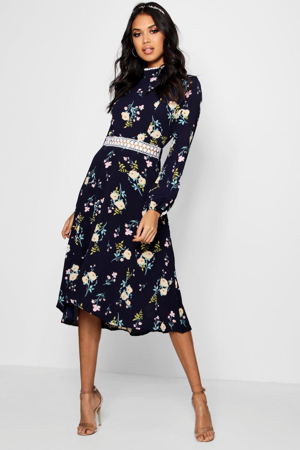 long sleeve navy floral dress