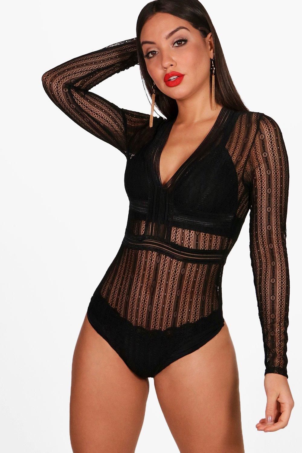 black long sleeve plunge bodysuit