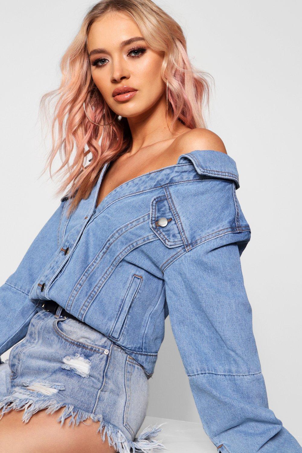 off the shoulder blue jean jacket