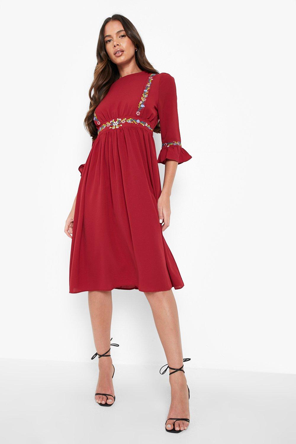 Embroidered Ruffle Sleeve Midi Dress | Boohoo