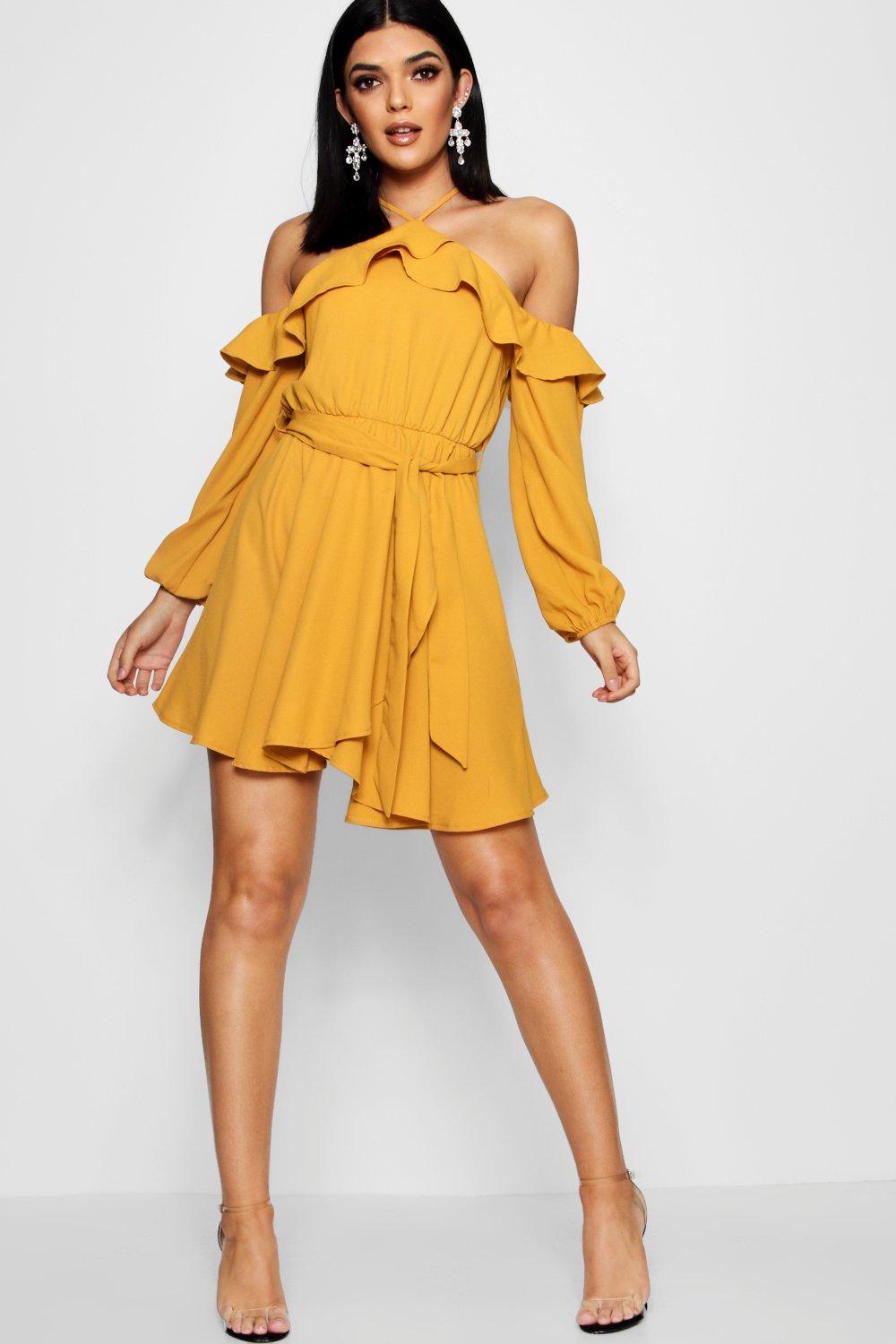 wrap front ruffle dress