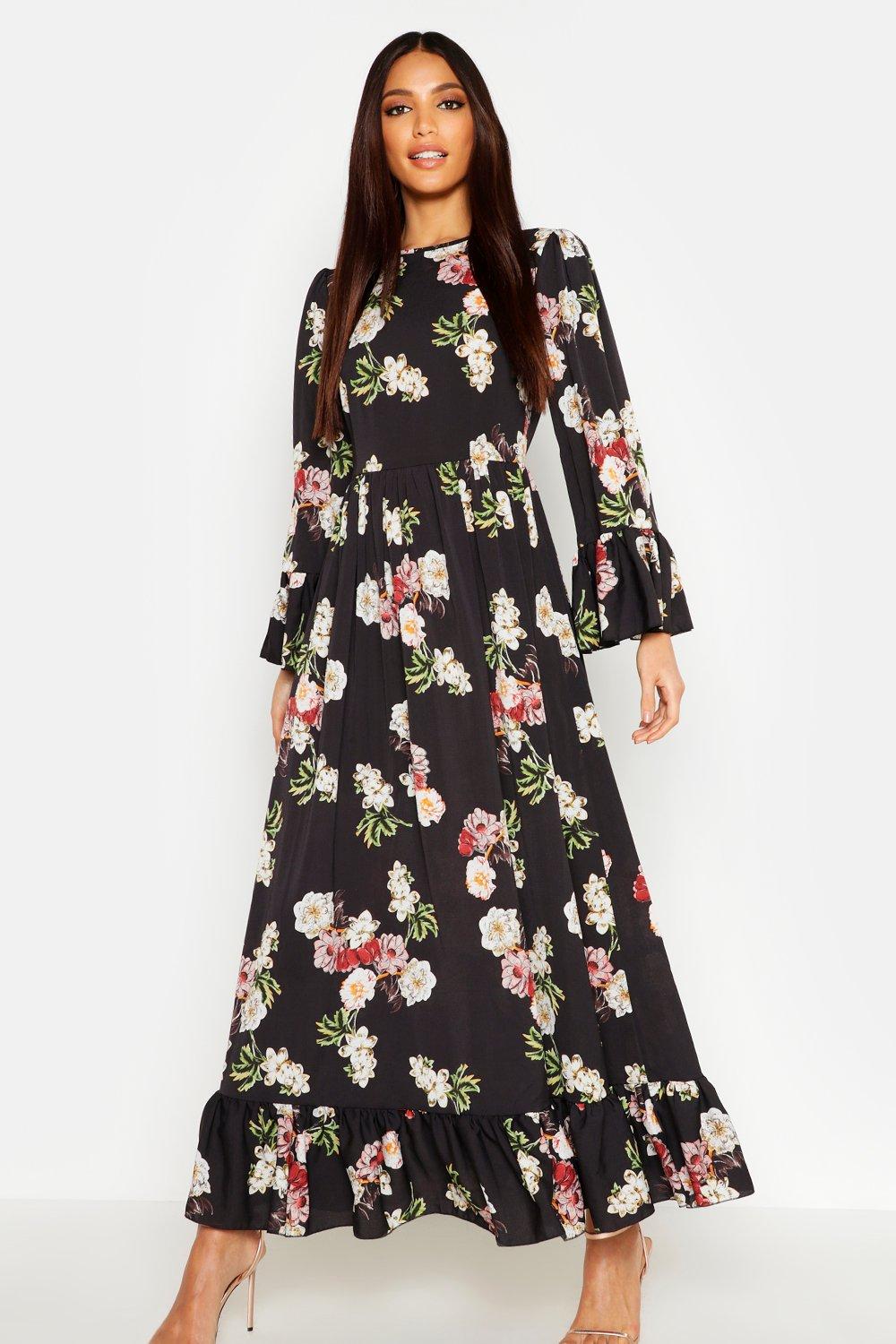 Boohoo Maxi Jurk Met Franjeszoom En Mouwen, Black