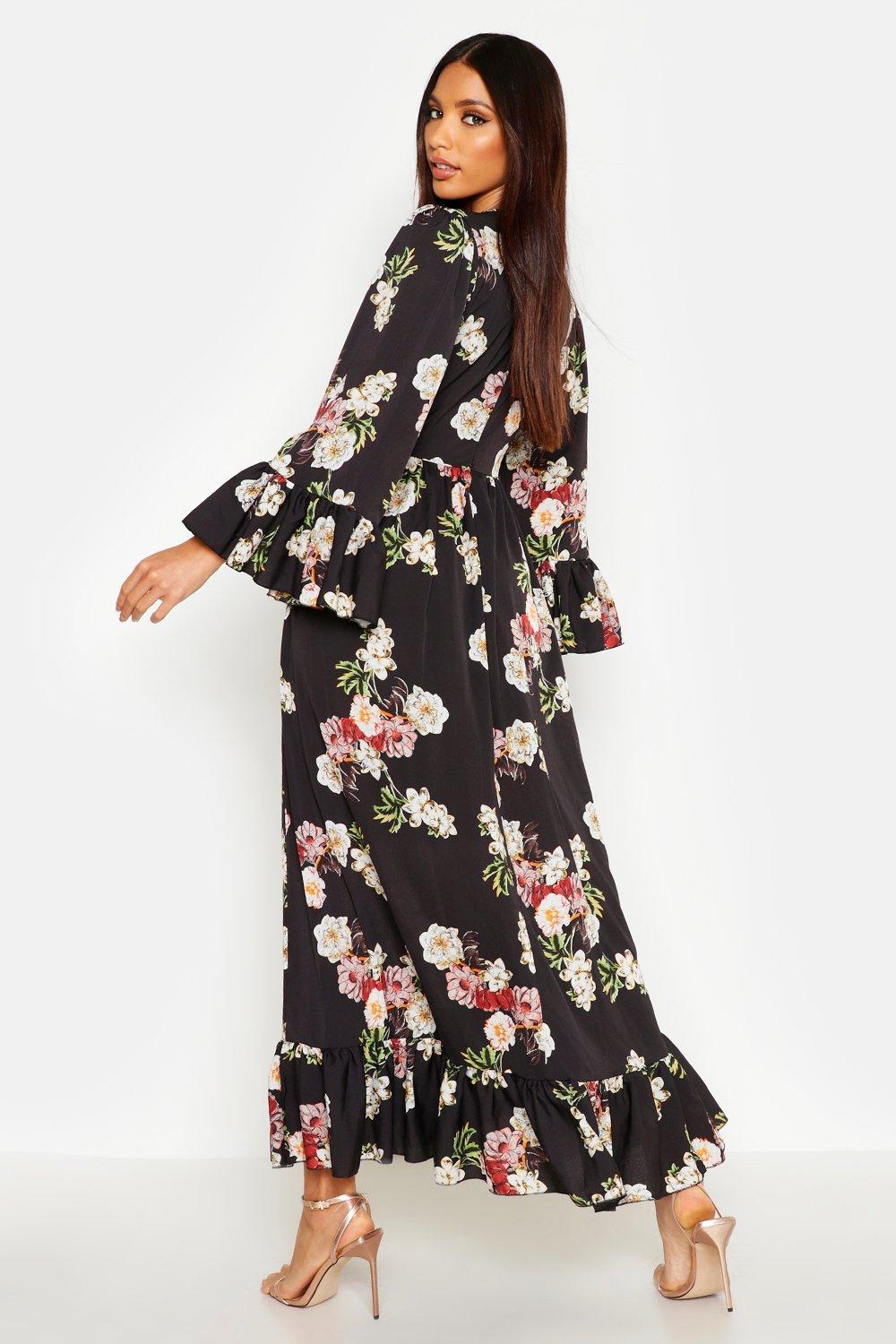 

Ruffle Hem and Sleeve Maxi Dress, Черный