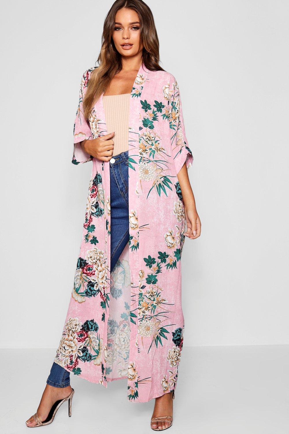 womens floral print maxi kimono - pink - s/m, pink