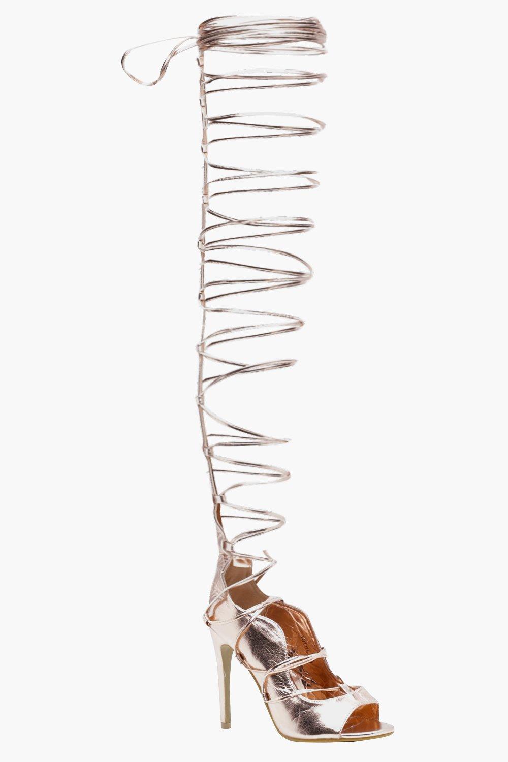 gold thigh high gladiator sandals