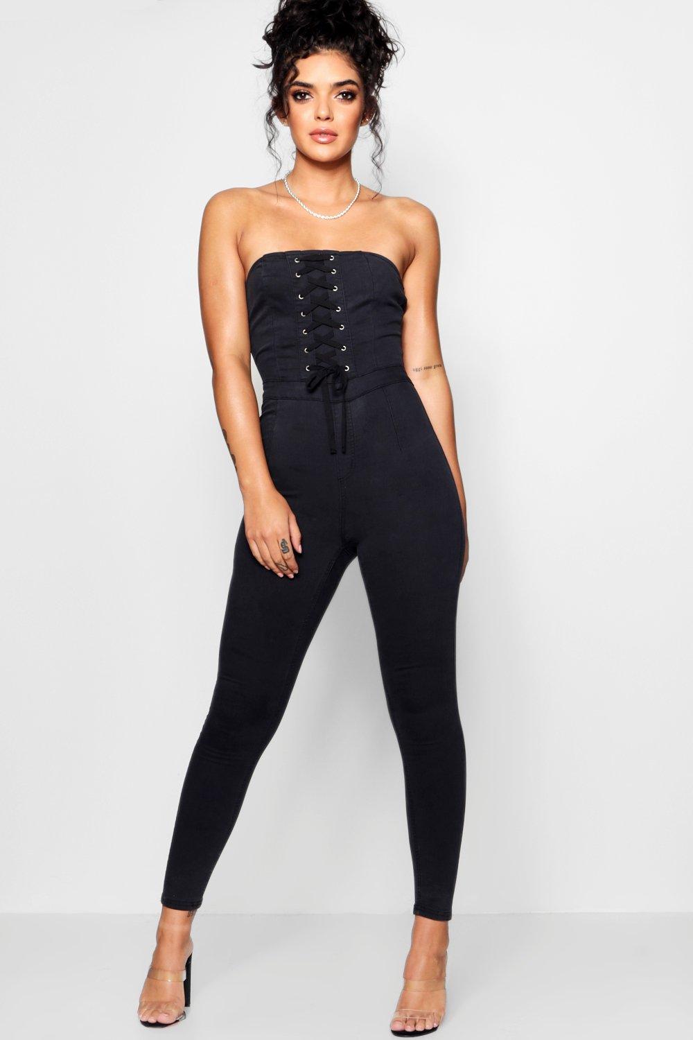 lace up denim jumpsuit