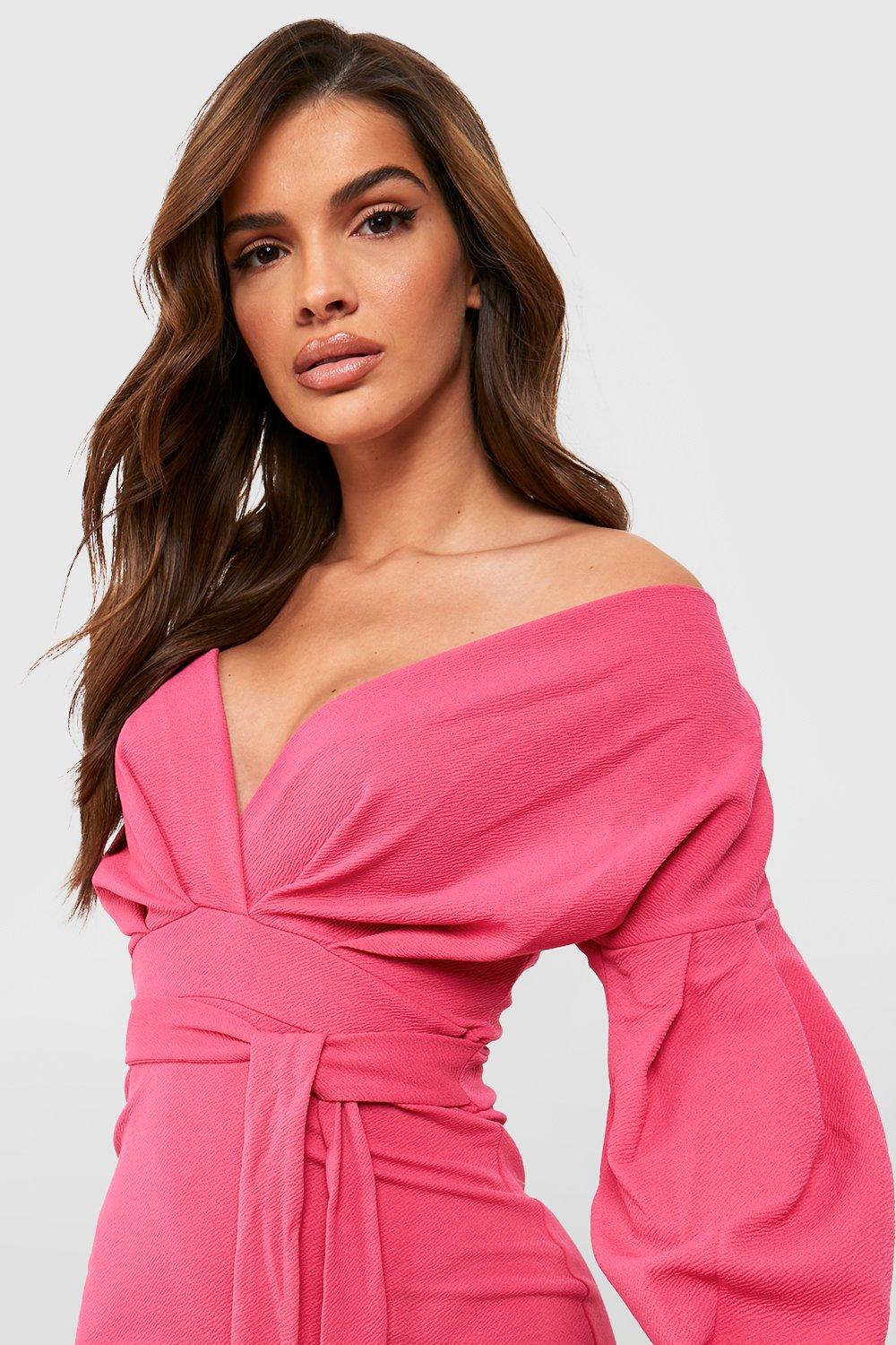 

Миди платье с открытыми плечами и с запахом, Hot pink