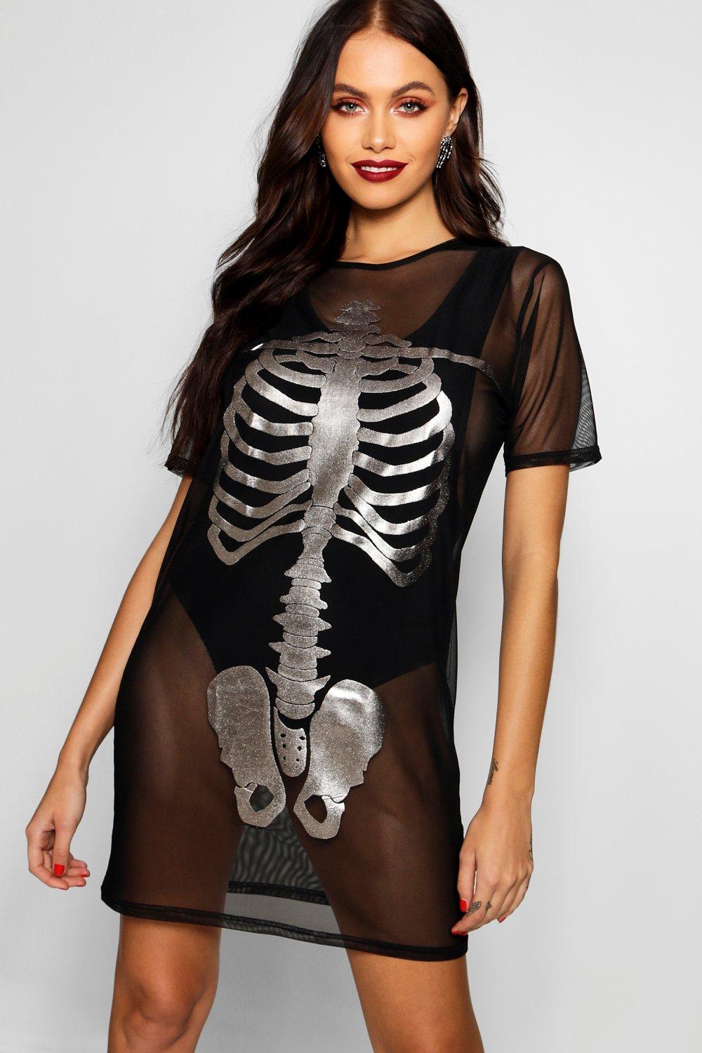 Halloween Cara Mesh Skeleton Print Dress Boohoo