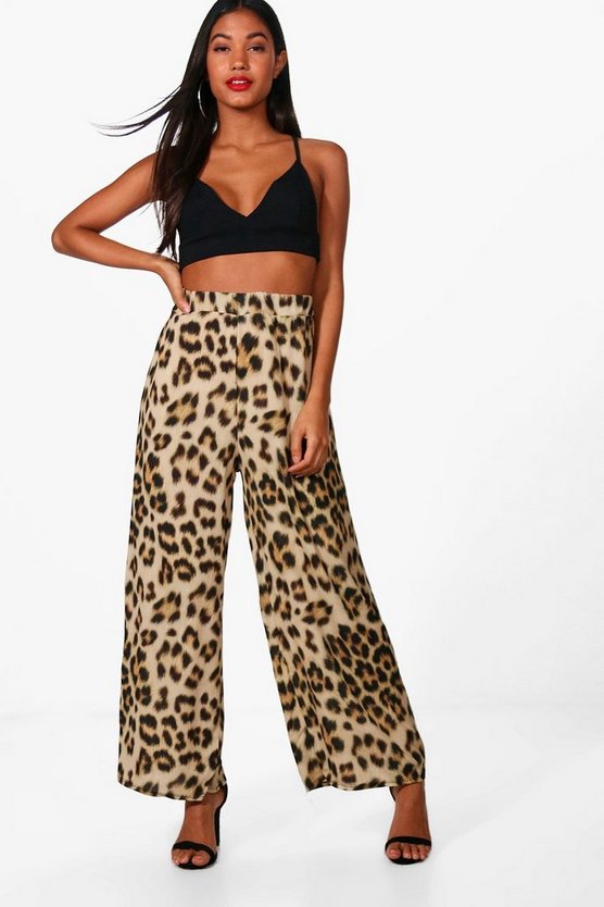 Olivia Woven Leopard Print Wide Leg Trousers | Boohoo