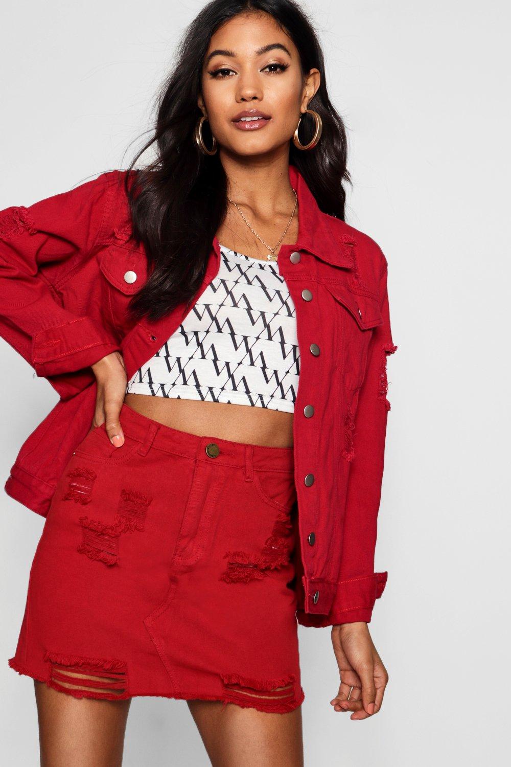 Lexie Red Distressed Denim Mini Skirt | Boohoo