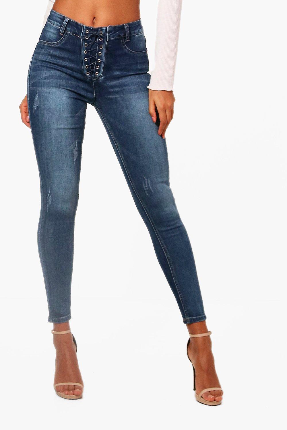 Corset Lace Up High Waist Skinny Jeans | Boohoo