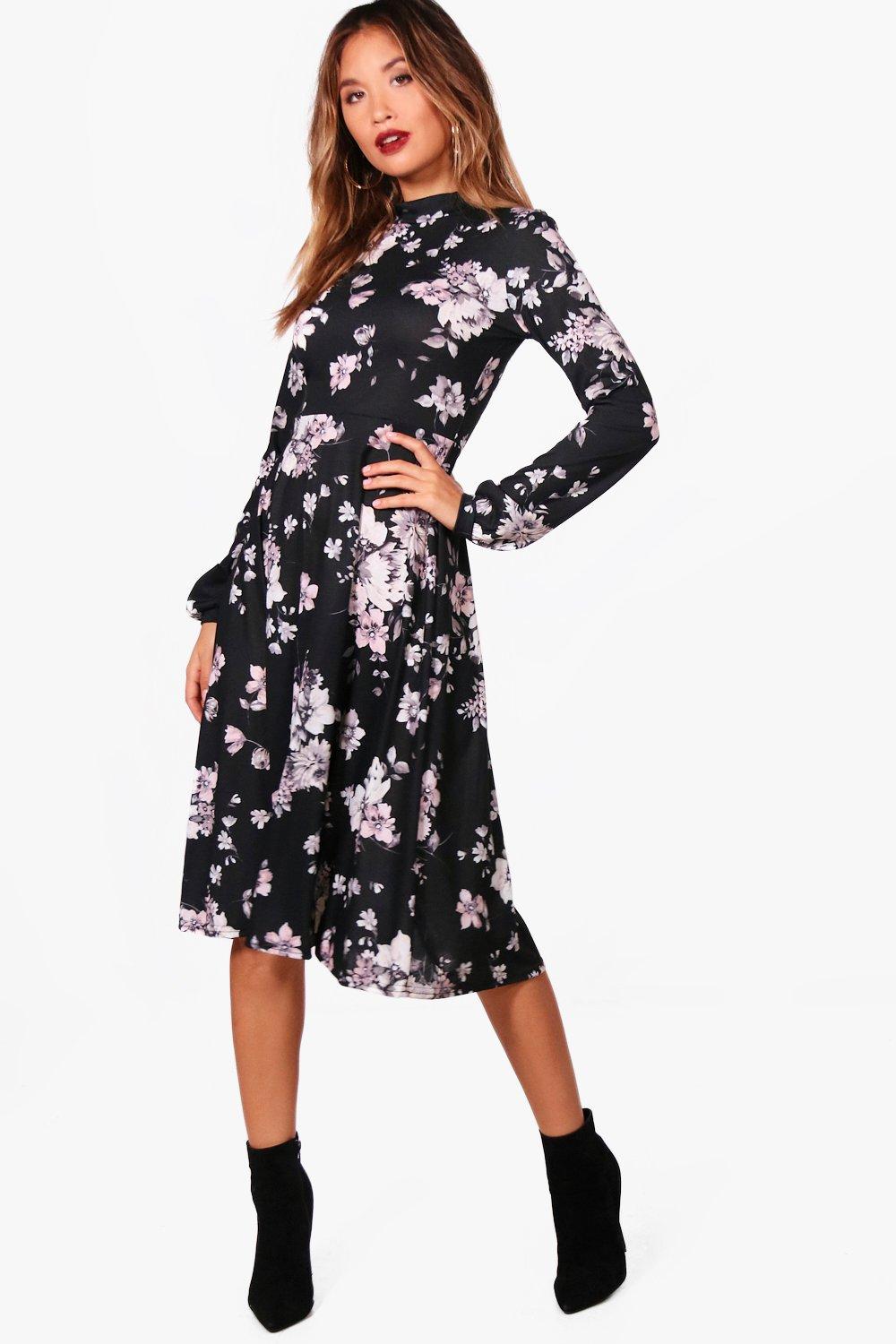 high neck floral midi dress