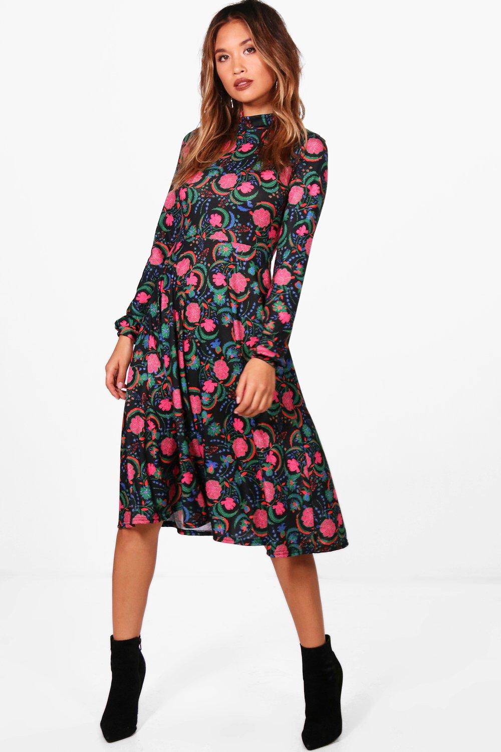 floral high neck midi dress