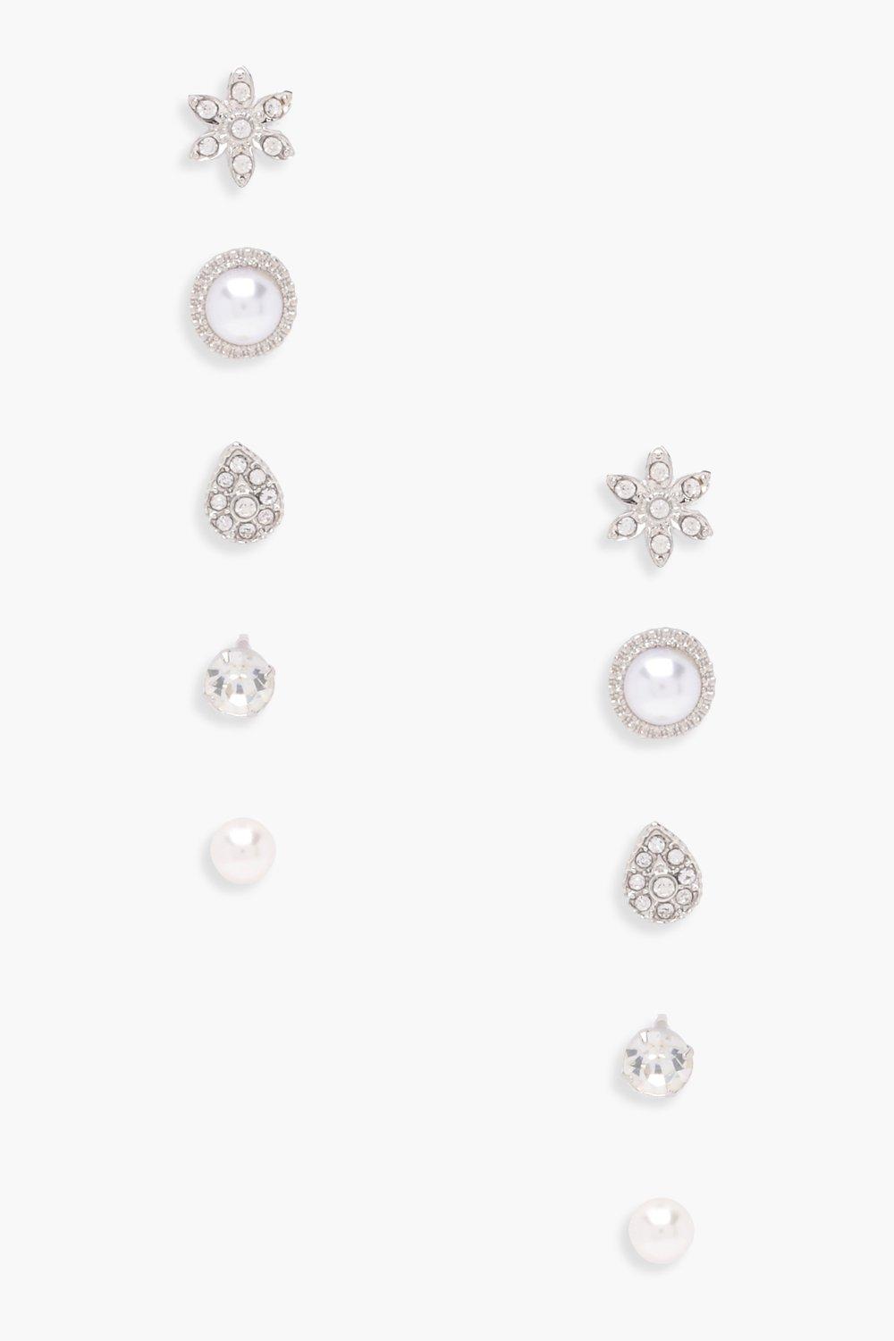 Womens Eva Pearl And Diamante Studs 5 Pack - Grey - One Size, Grey