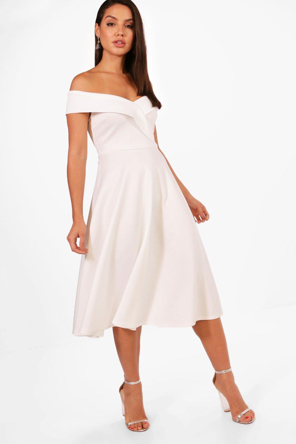 off the shoulder midi skater dress