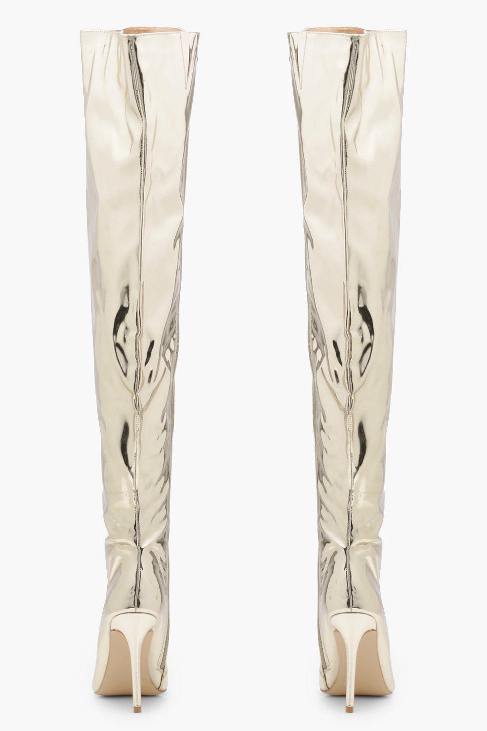 metallic thigh high boot