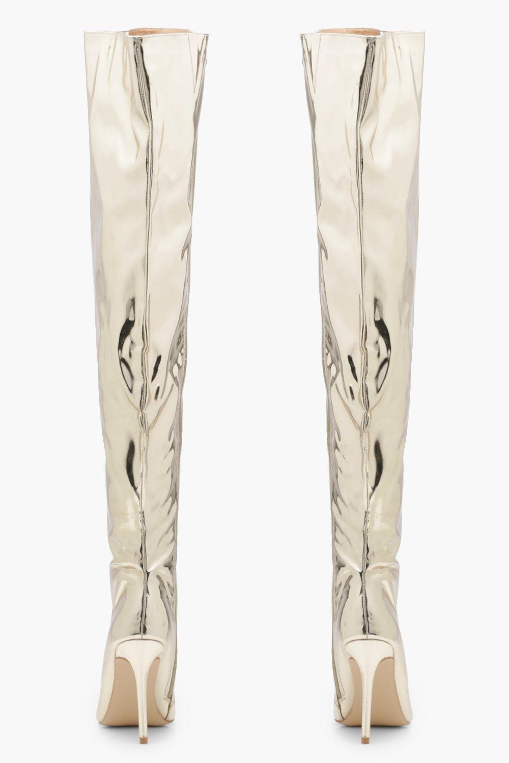 metallic thigh high boot