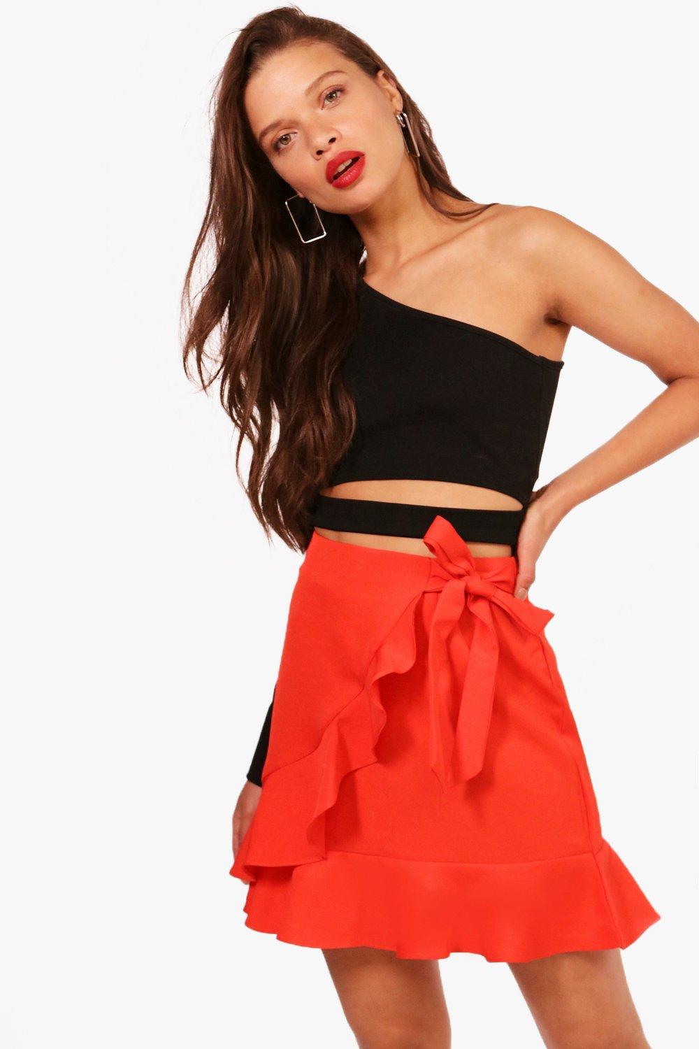 

Ruffle Front Tie Waist Woven Mini Skirt, Красный